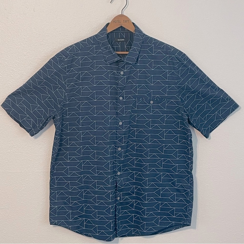 Alfani - Short Sleeve Button Up - Chest Pocket - Geometric - Navy - Cotton - XL